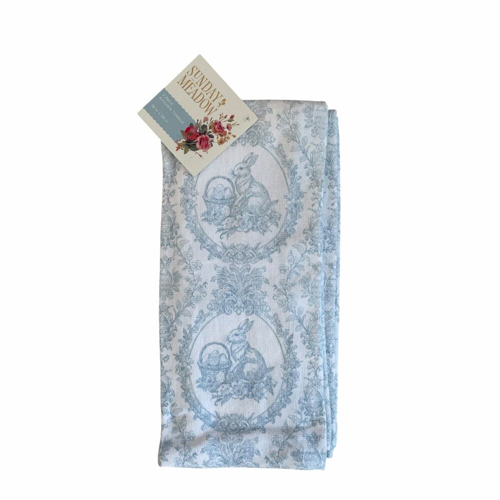 Sunday Meadow Kitchen Towels 2pc Blue White Bunny Toile 100% Cotton 18x28 NEW